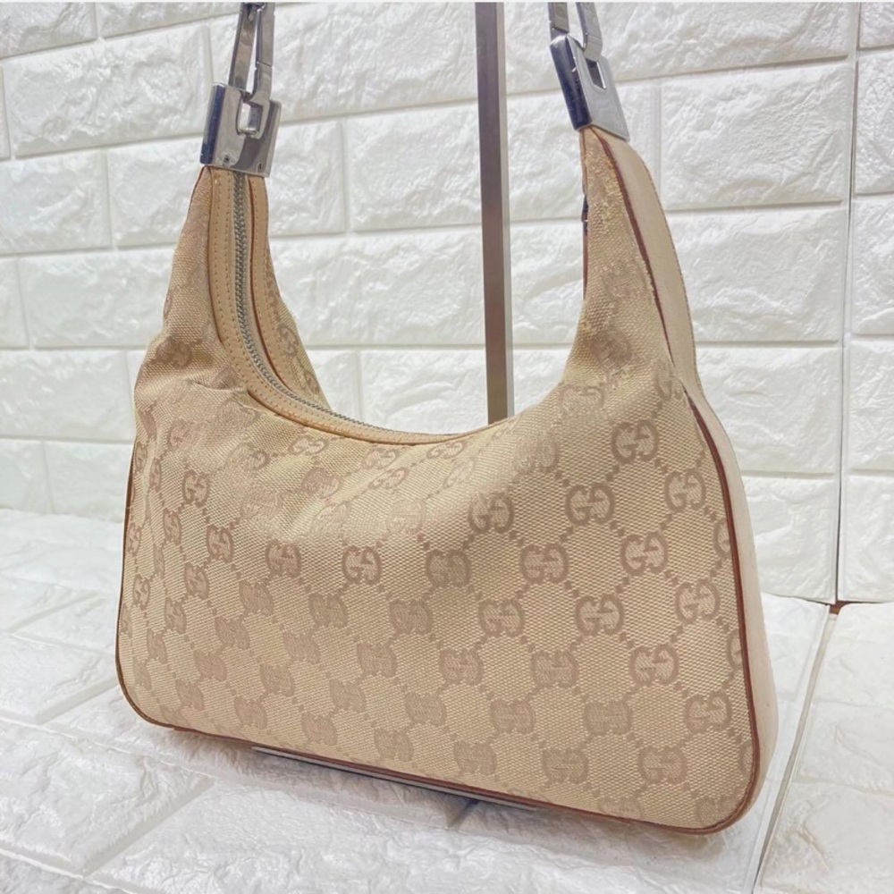 Gucci Leather Canvas Shoulder Bag Auth Gg Pattern Beige Tan Silver Brown Medium